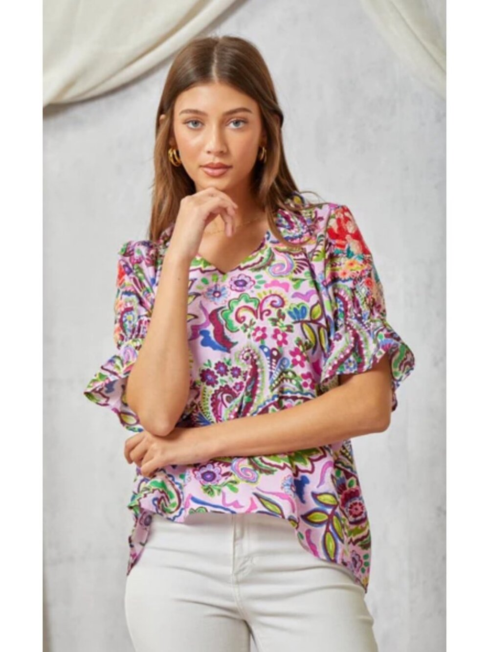Savanna Jane Boho Lilac Paisley Print Blouse With Floral Embroidery On Sleeves M